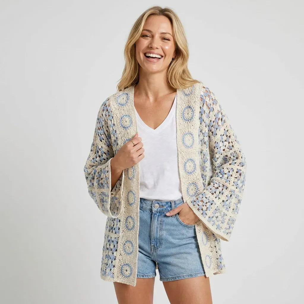 Open Front Crochet Cardigan with Granny Square Detail Blue 9