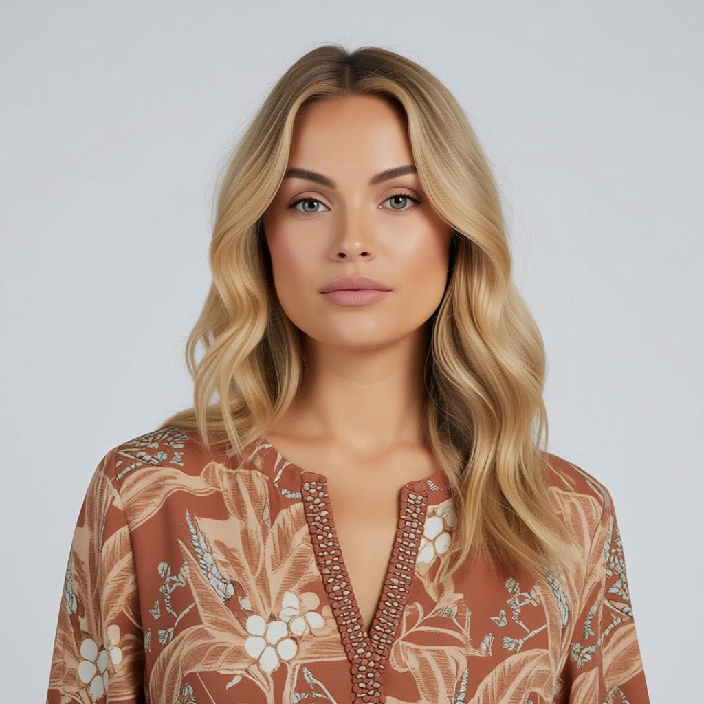Women's Floral Shift Dress With Long Sleeves and V-neck