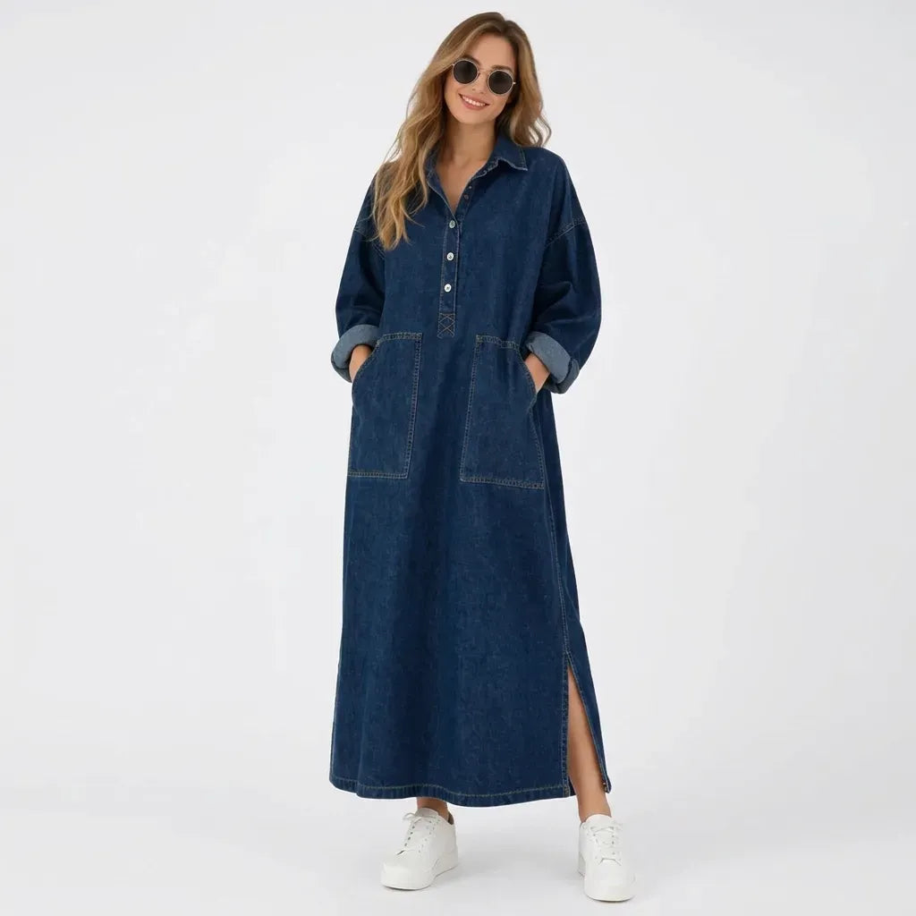 Oversized Denim Dress with Pockets Blue 1