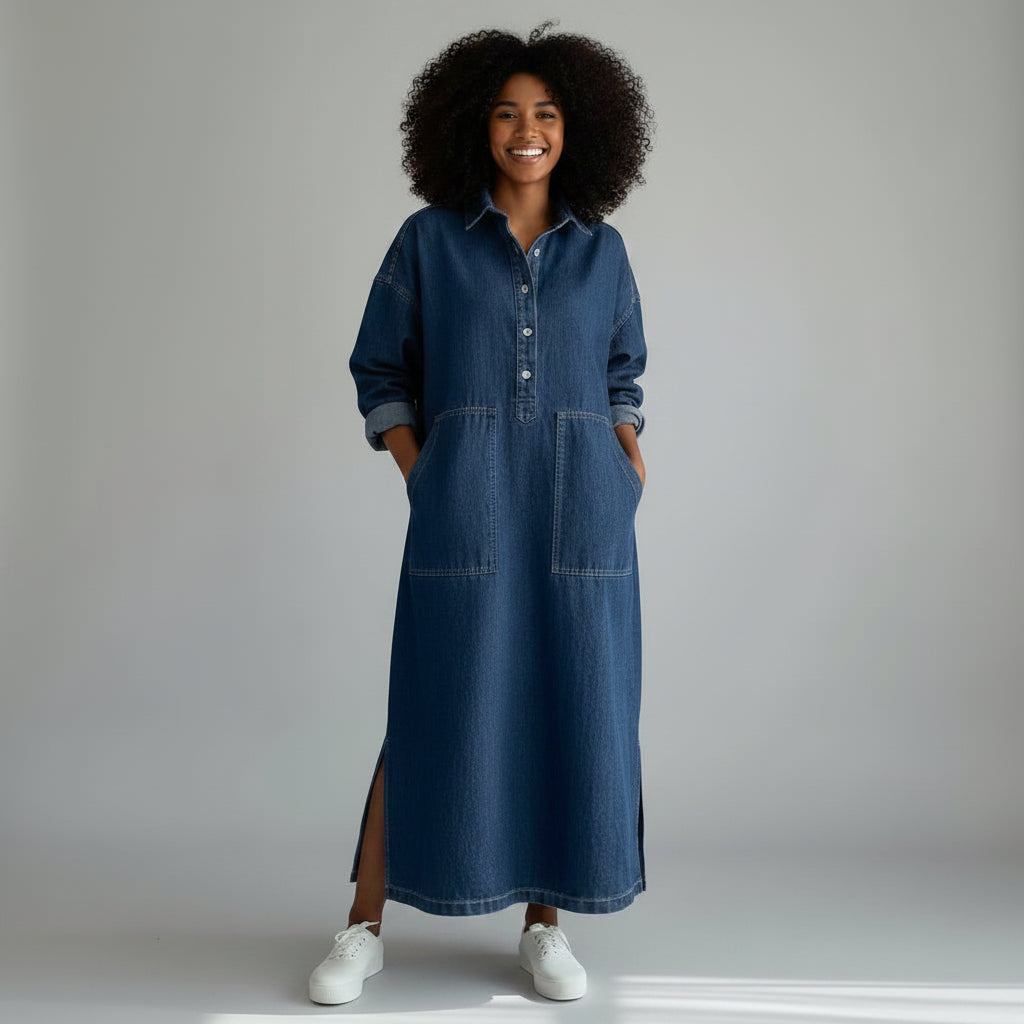 Oversized Denim Dress with Pockets Blue 2