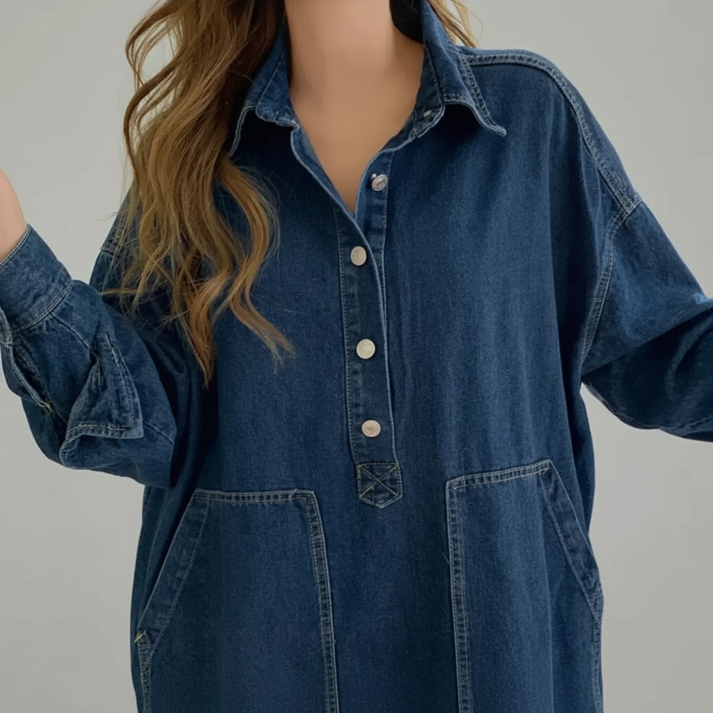 Oversized Denim Dress with Pockets Blue 3