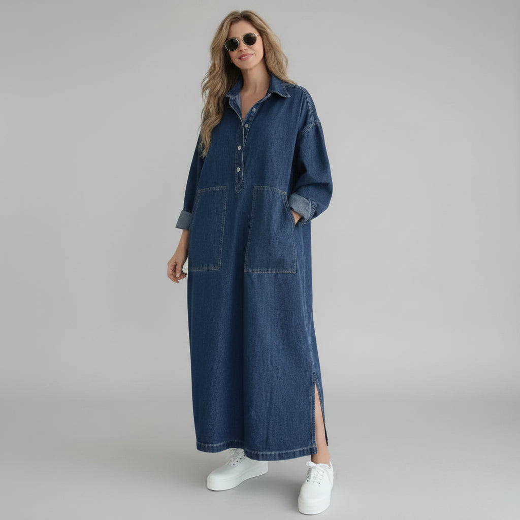 Oversized Denim Dress with Pockets Blue 4