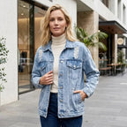 Oversized Distressed Denim Jacket with Buttons Light Blue 1