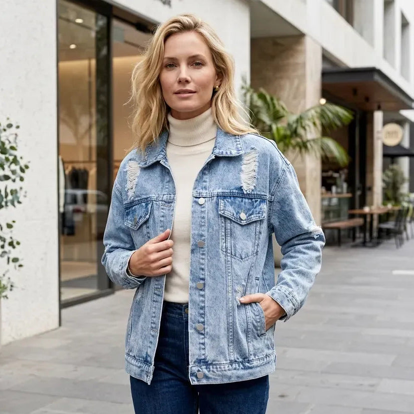 Oversized Distressed Denim Jacket with Buttons Light Blue 1