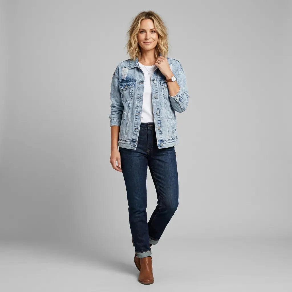 Oversized Distressed Denim Jacket with Buttons Light Blue 2
