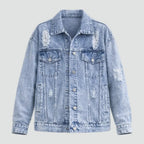 Oversized Distressed Denim Jacket with Buttons Light Blue 4