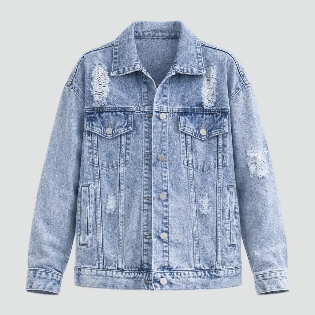Oversized Distressed Denim Jacket with Buttons Light Blue 4