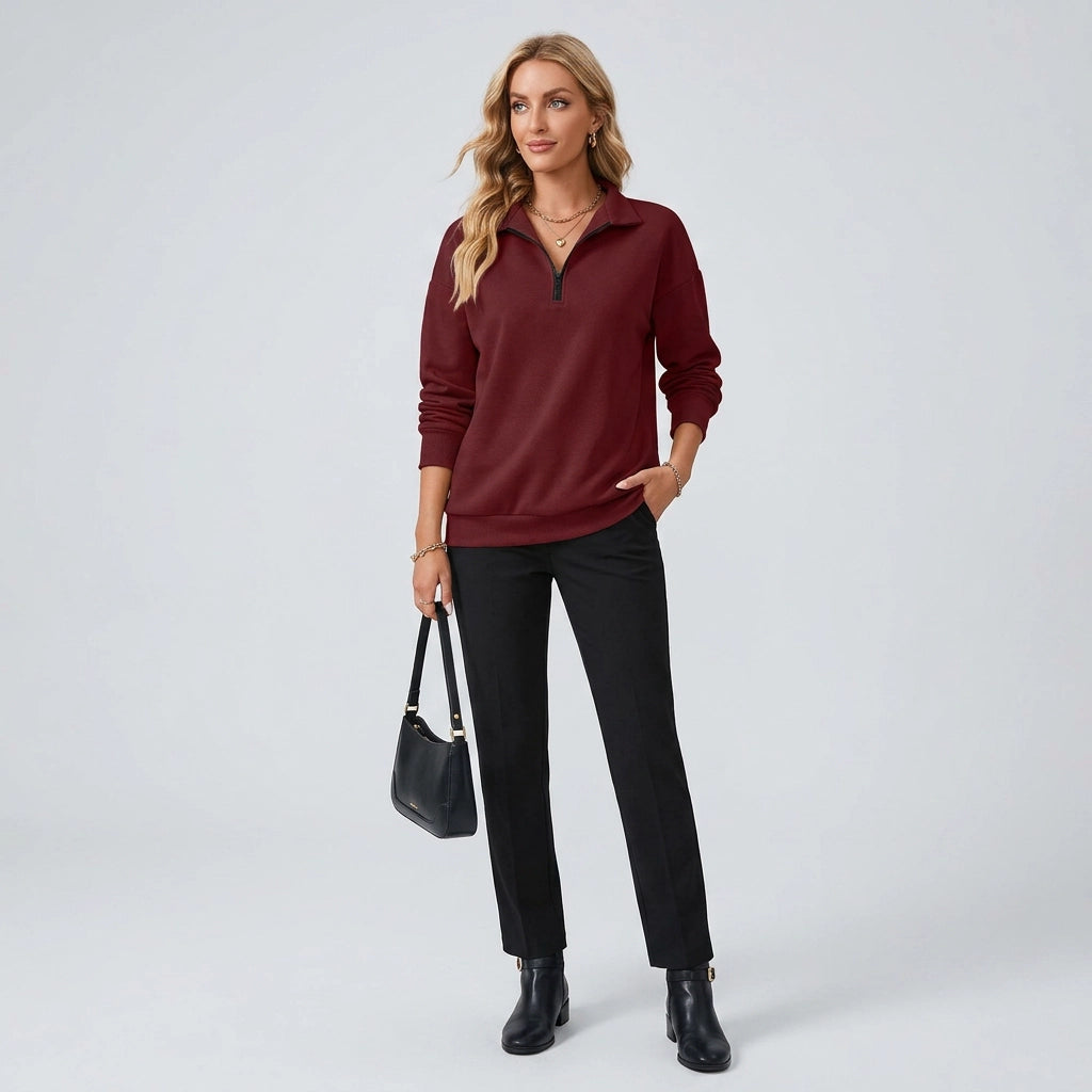 Oversized Fleece Half Zip Sweatshirt Lightweight Dark Red 11