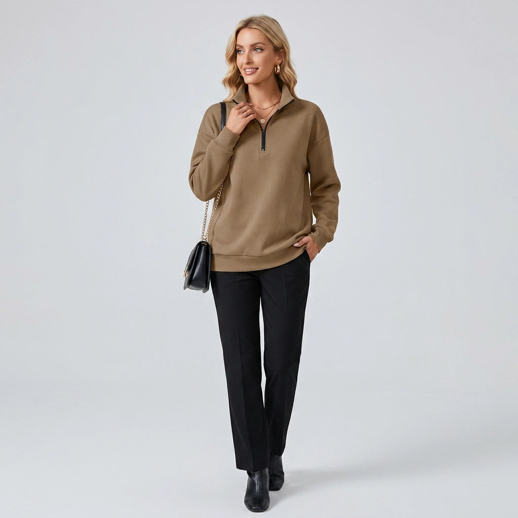 Oversized Fleece Half Zip Sweatshirt Lightweight Brown 6