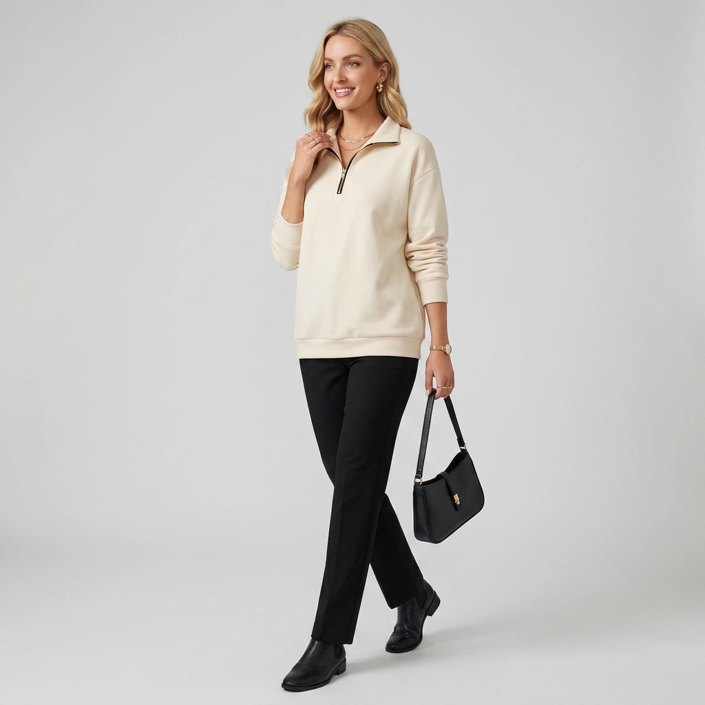 Oversized Fleece Half Zip Sweatshirt Lightweight Beige 7