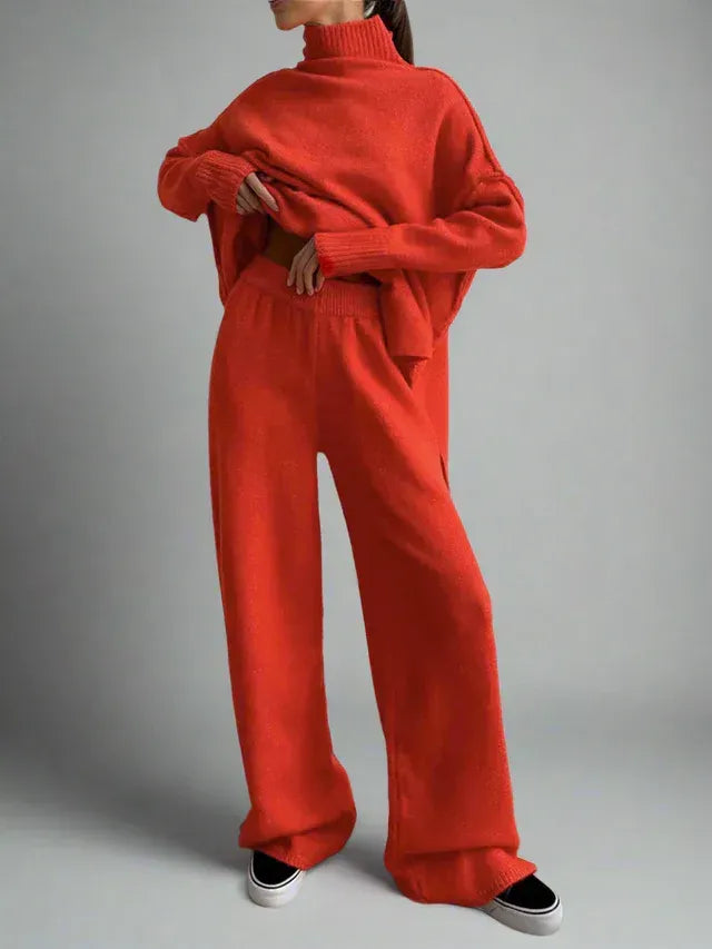 Oversized Knit Lounge Set with Ribbed Roll Neck Red 1