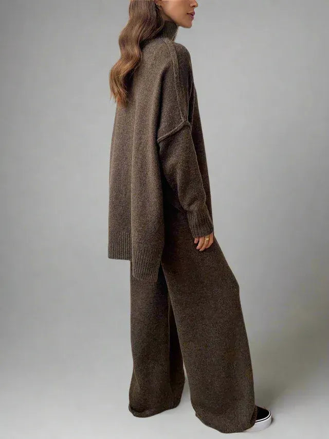 Oversized Knit Lounge Set with Ribbed Roll Neck Brown 2