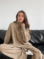 Oversized Knit Lounge Set with Ribbed Roll Neck Beige 5