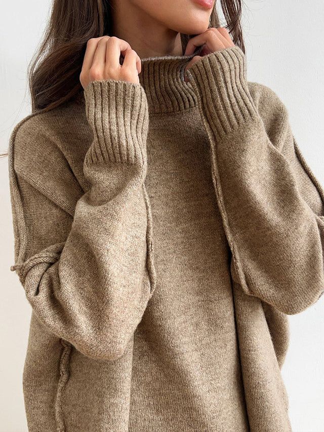 Oversized Knit Lounge Set with Ribbed Roll Neck Beige 6