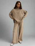 Oversized Knit Lounge Set with Ribbed Roll Neck Beige 7