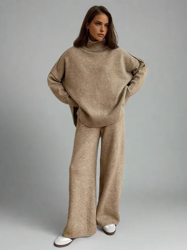 Oversized Knit Lounge Set with Ribbed Roll Neck Beige 7