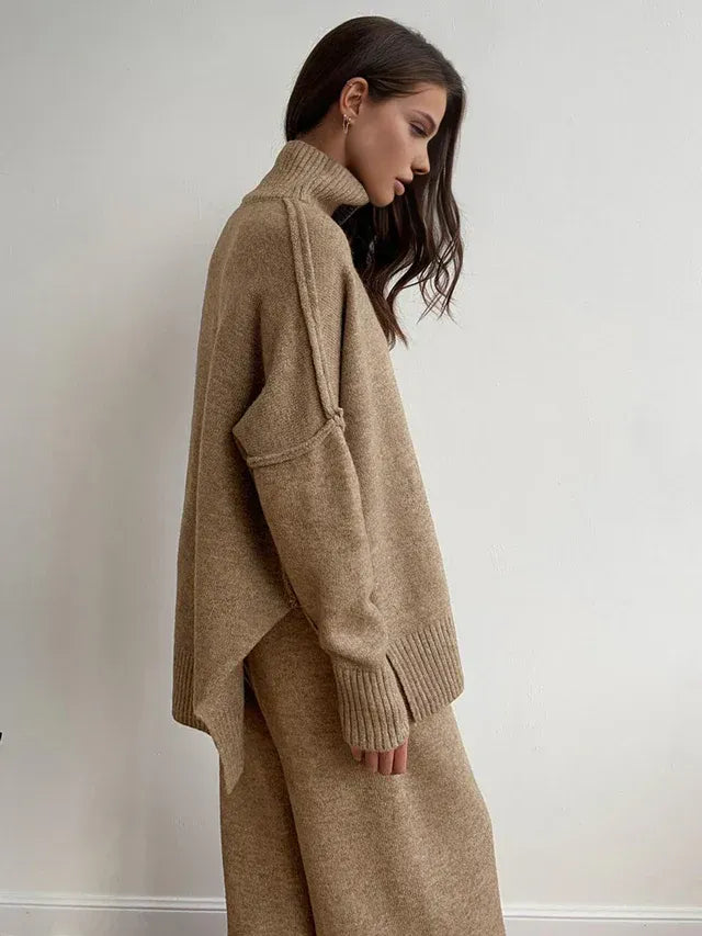 Oversized Knit Lounge Set with Ribbed Roll Neck Beige 8