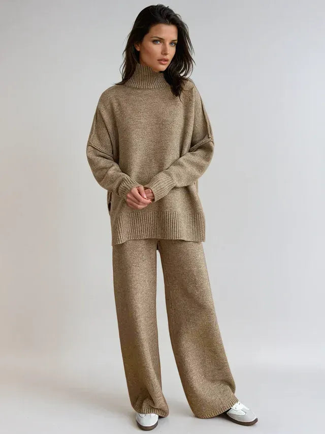 Oversized Knit Lounge Set with Ribbed Roll Neck Beige 9