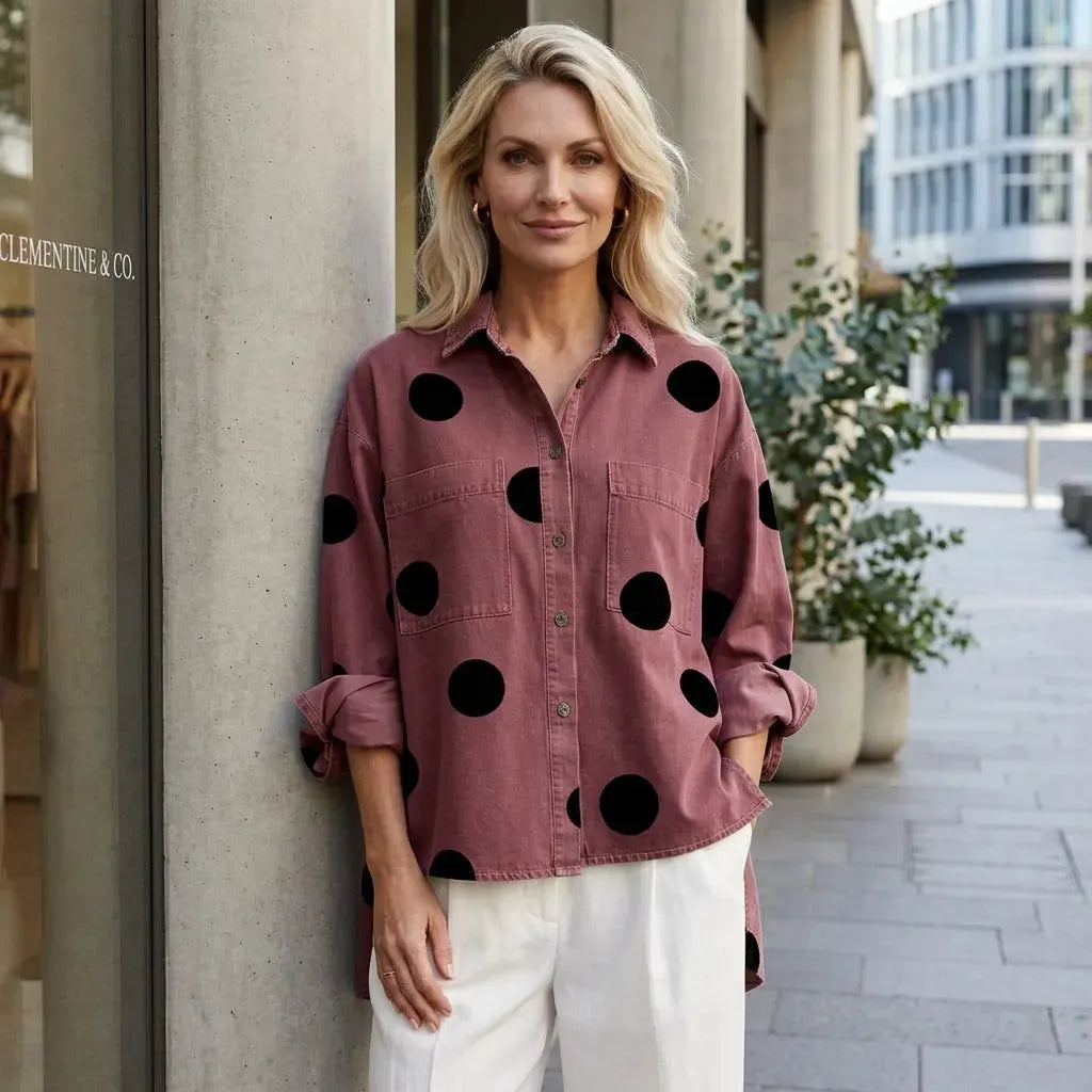 Oversized Long Sleeve Polka Dot Top with Buttons Red 1