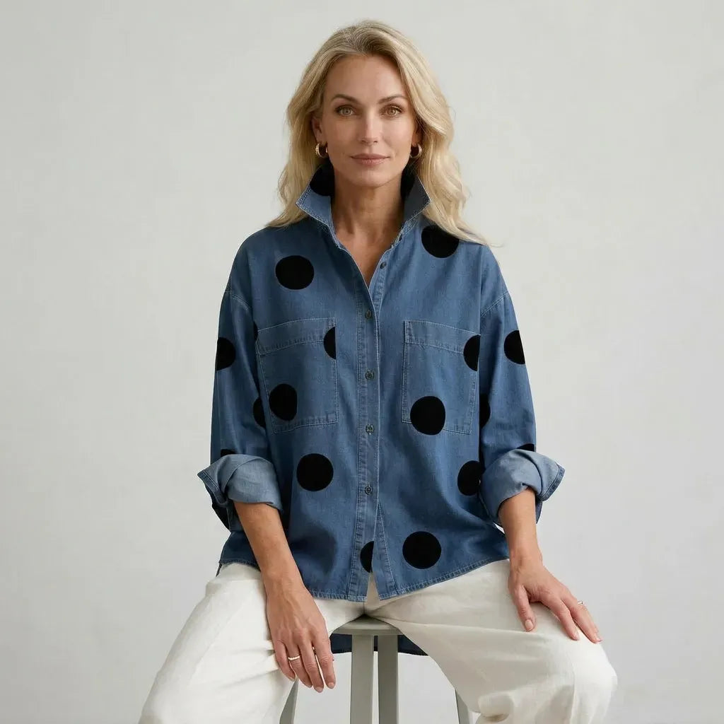 Oversized Long Sleeve Polka Dot Top with Buttons Blue 2