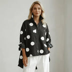 Oversized Long Sleeve Polka Dot Top with Buttons Black 5