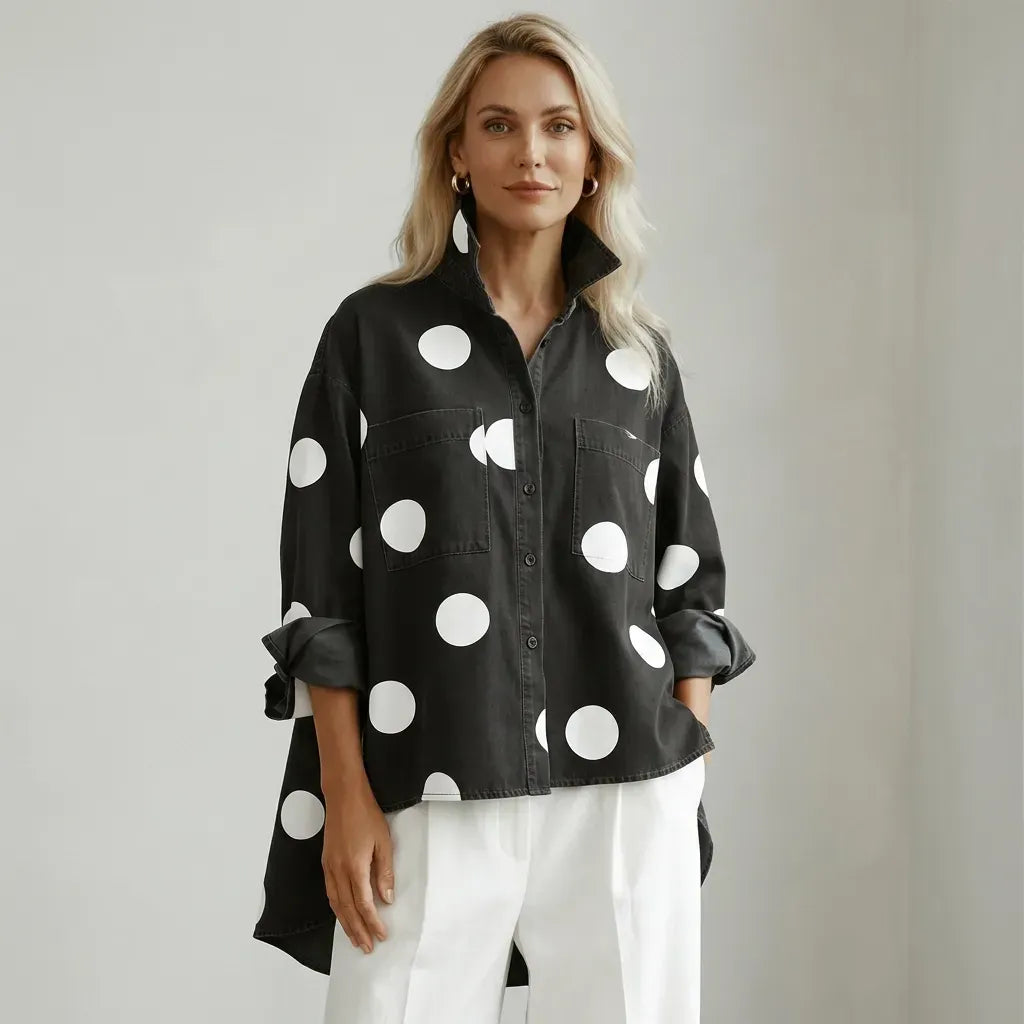 Oversized Long Sleeve Polka Dot Top with Buttons Black 5