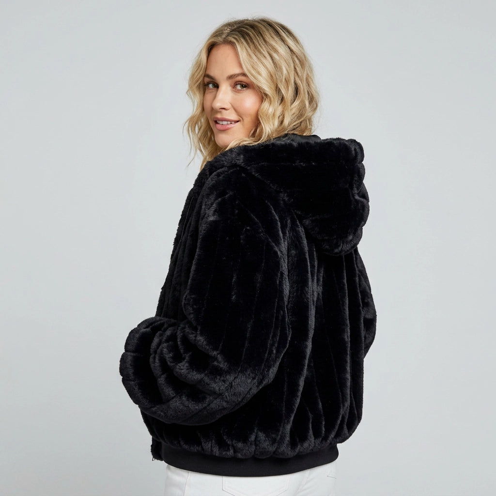 Oversized Sherpa Jacket with Faux Fur Hood Black 4