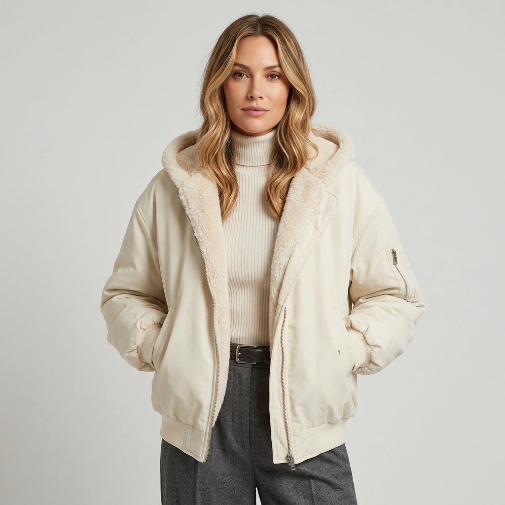 Oversized Sherpa Jacket with Faux Fur Hood Beige 6