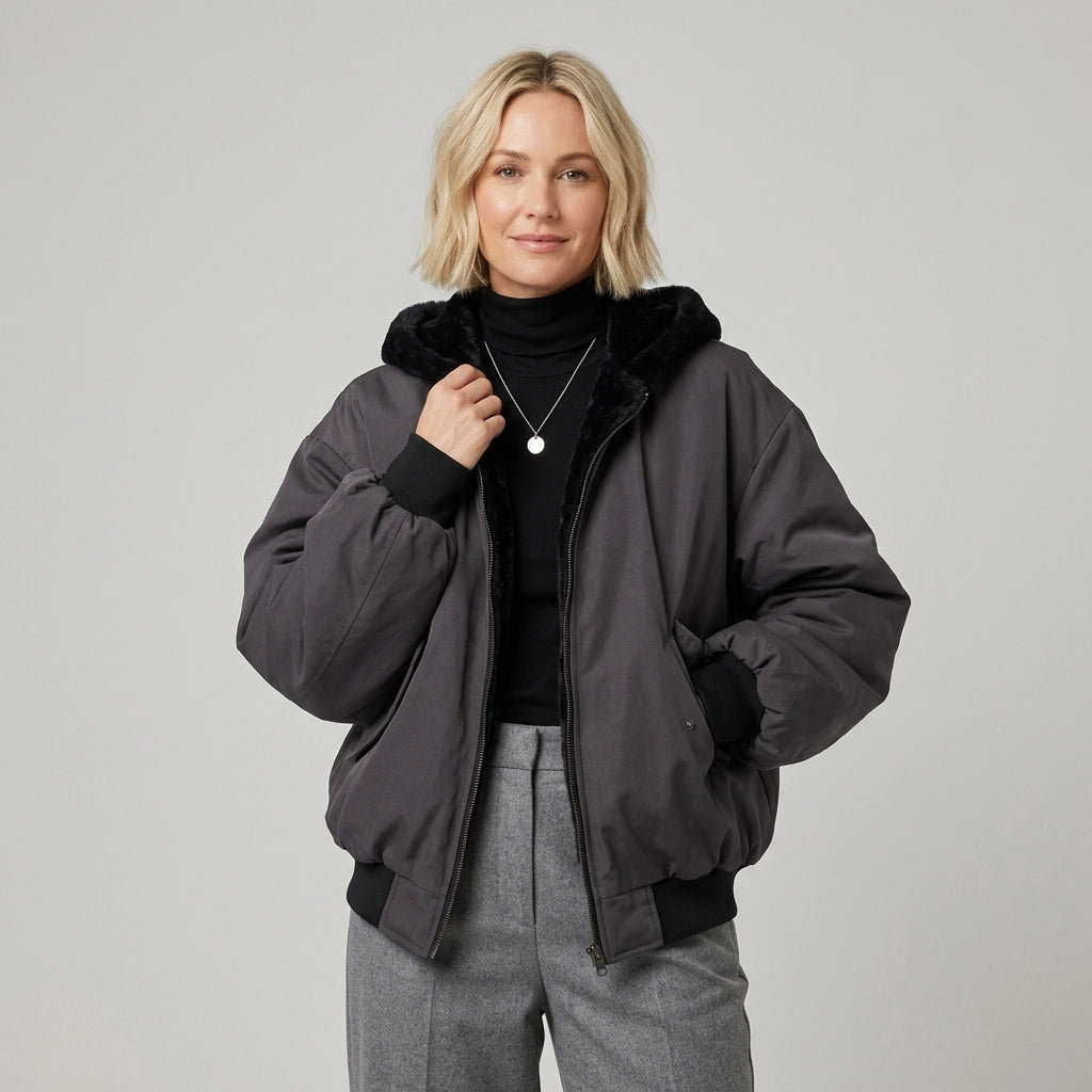 Oversized Sherpa Jacket with Faux Fur Hood Black 7