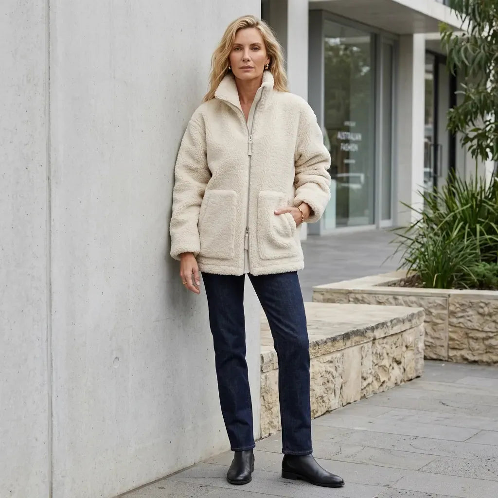 Oversized Sherpa Teddy Jacket with Zip Up Beige 1
