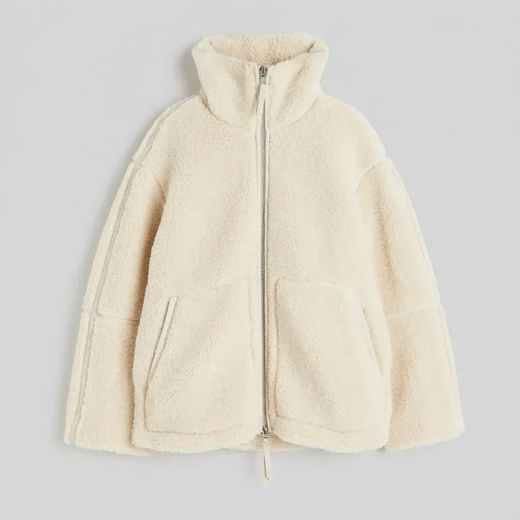 Oversized Sherpa Teddy Jacket with Zip Up Beige 4