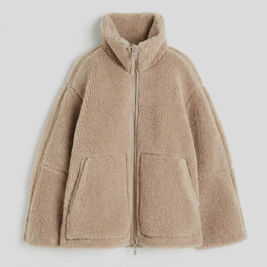 Oversized Sherpa Teddy Jacket with Zip Up Brown 5
