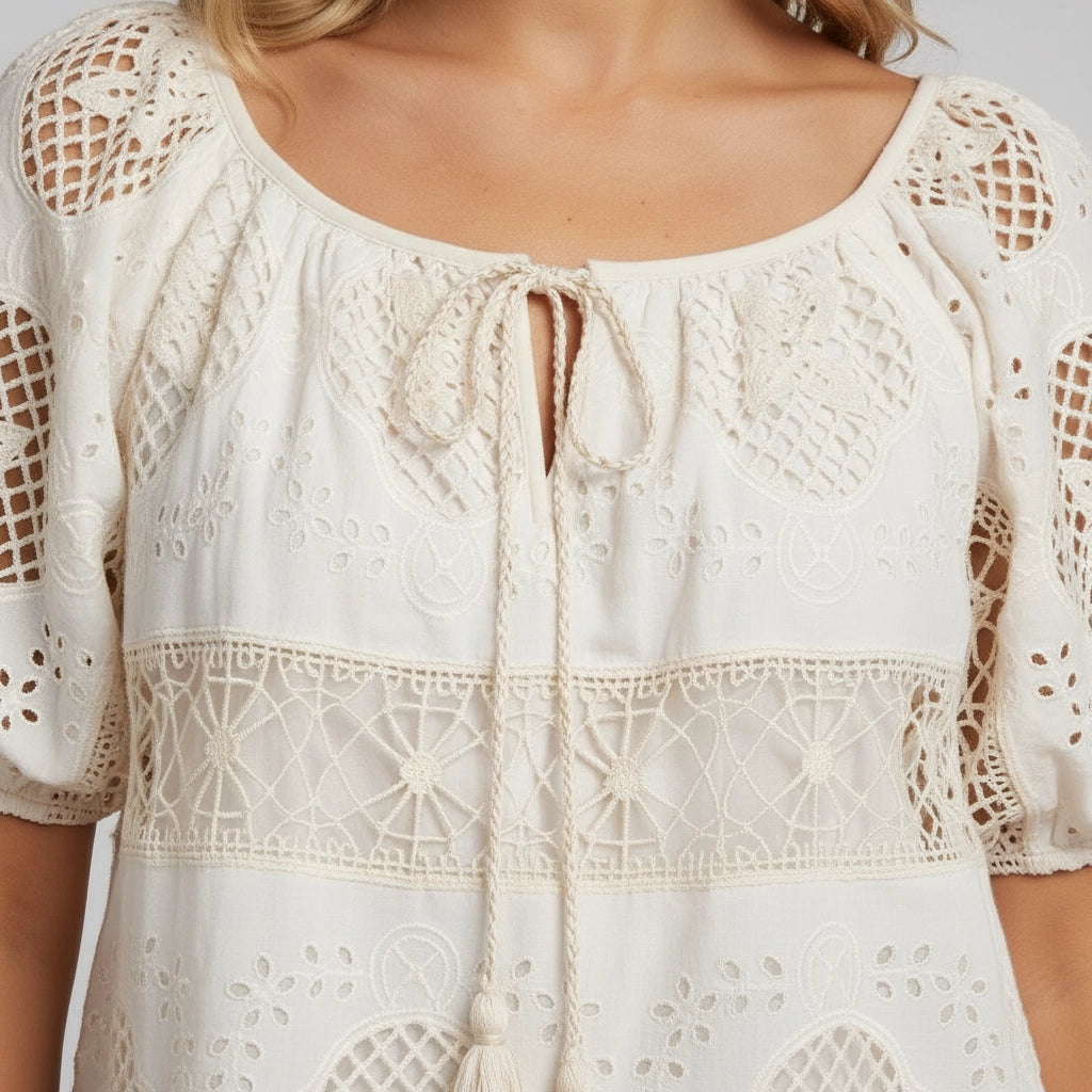 Relaxed Embroidered Blouse with Tassels