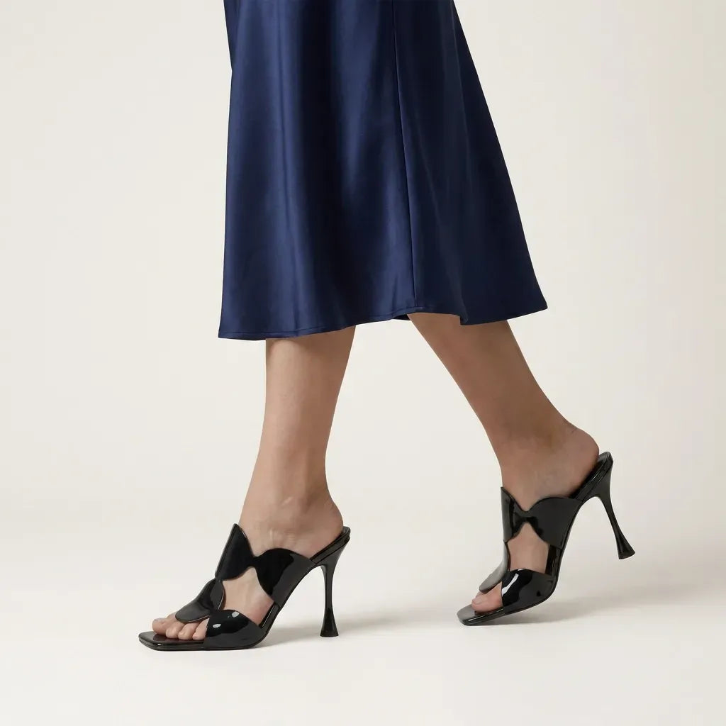 Patent Leather Stilettos with Square Toe and Strap Detail Black 2