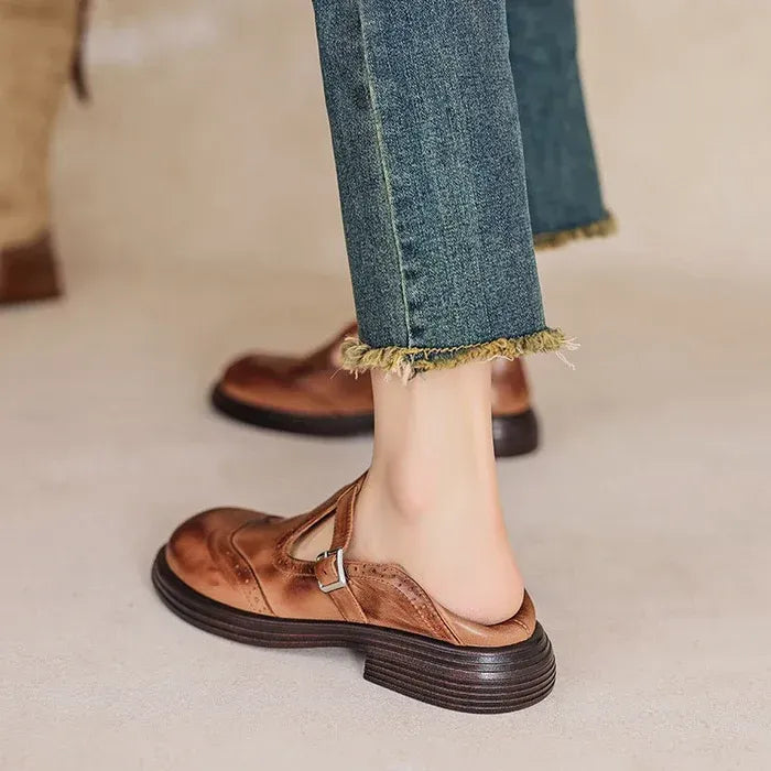 Platform T-Strap Mary Jane Shoes with Buckle Brown 2