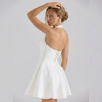 Pleated Cotton Halter Mini Dress White 2