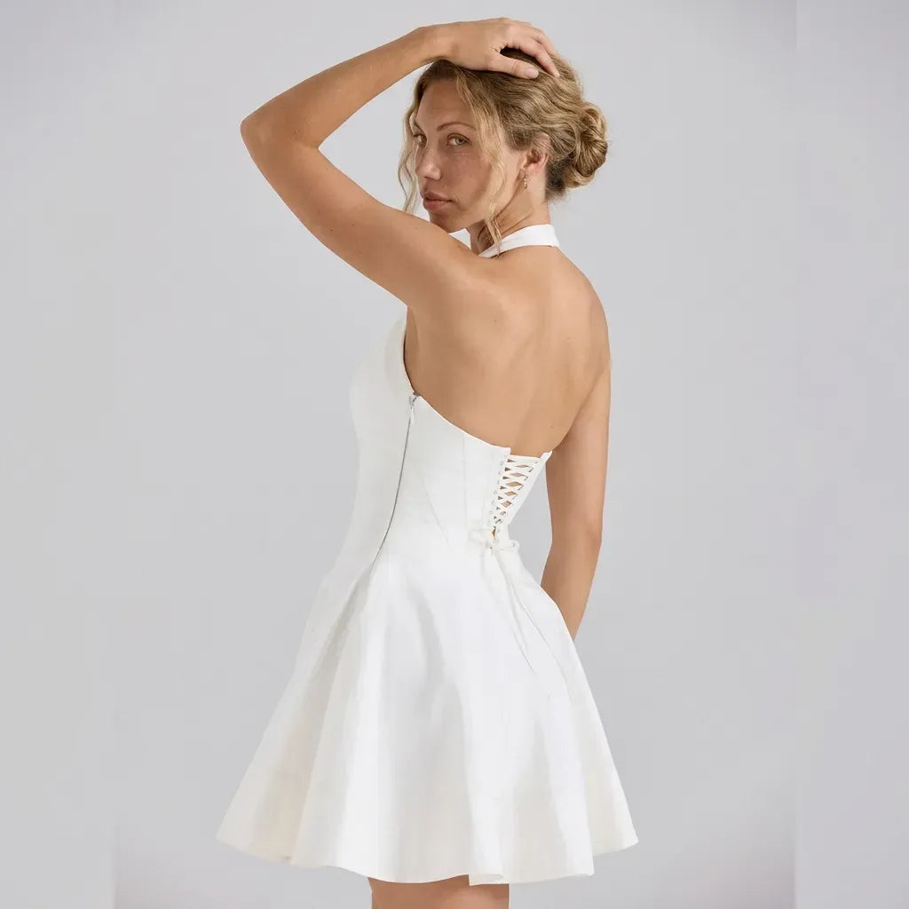 Pleated Cotton Halter Mini Dress White 2