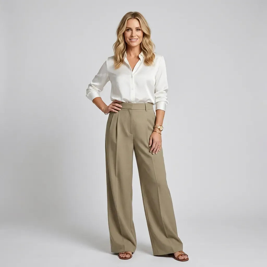 Pleated High Waisted Pants with Wide Leg and Pockets Beige 2