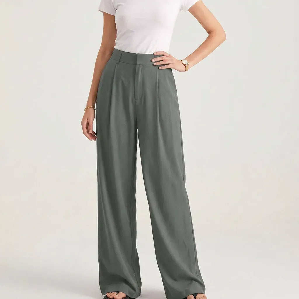 Pleated High Waisted Pants with Wide Leg and Pockets Grey 3