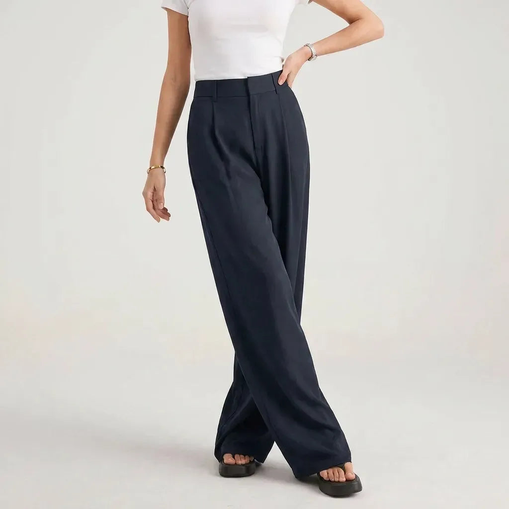 Pleated High Waisted Pants with Wide Leg and Pockets Navy 4