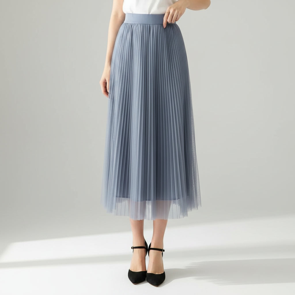 Pleated Tulle Skirt with Elastic Waist Blue 1