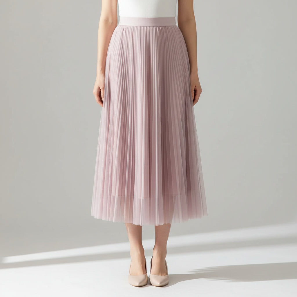 Pleated Tulle Skirt with Elastic Waist Pink 2