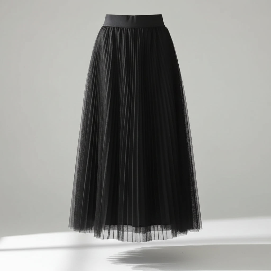 Pleated Tulle Skirt with Elastic Waist Black 3
