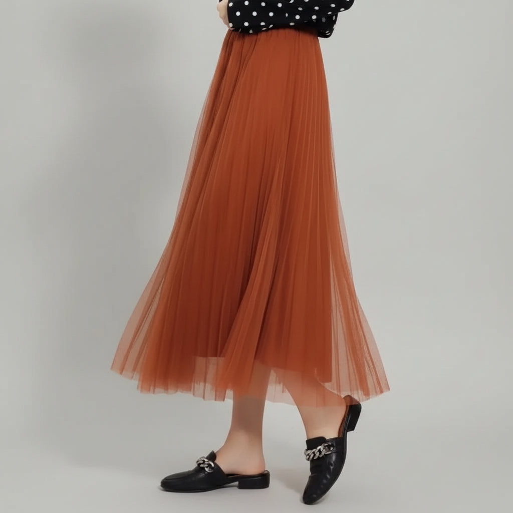 Pleated Tulle Skirt with Elastic Waist Orange 4