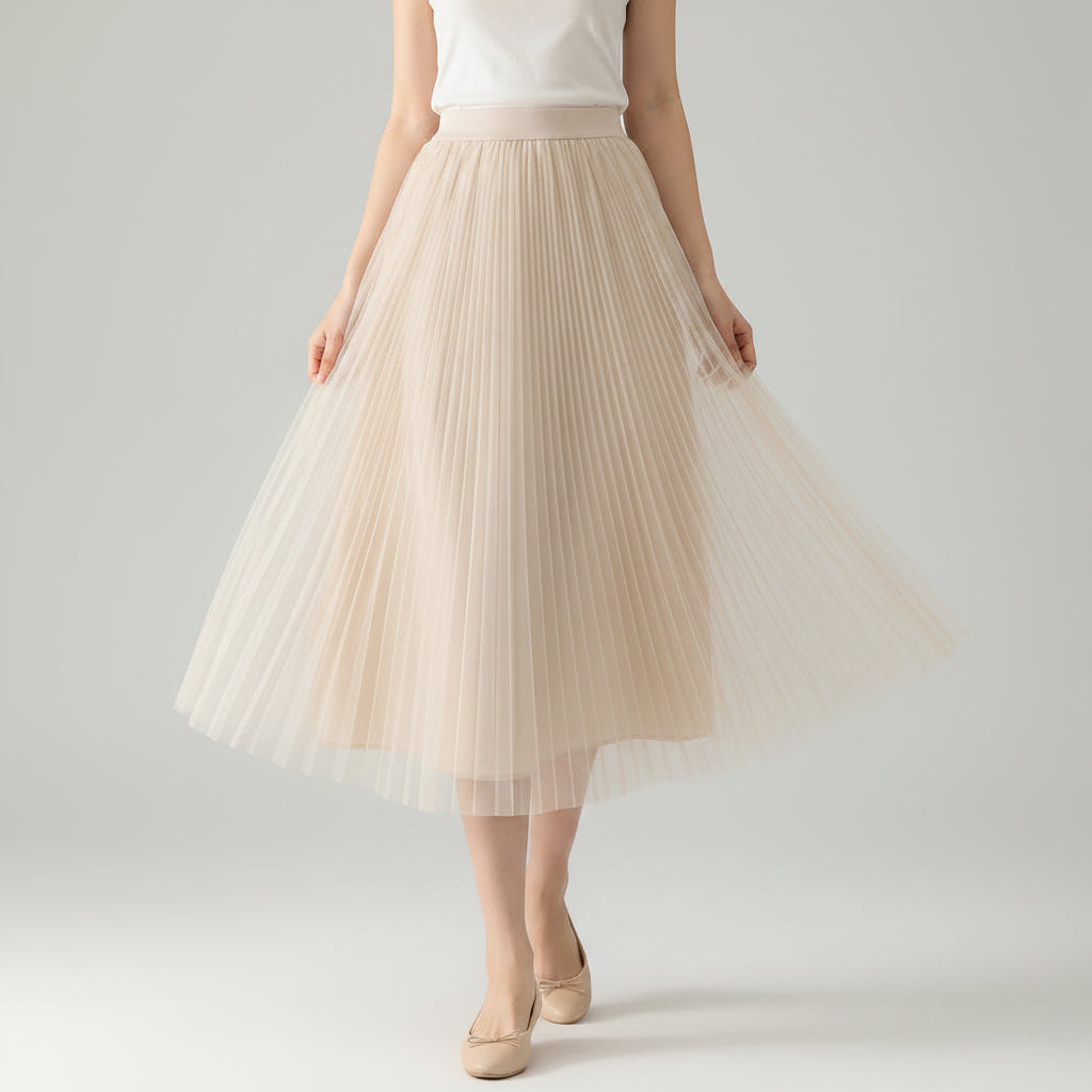 Pleated Tulle Skirt with Elastic Waist Beige 5