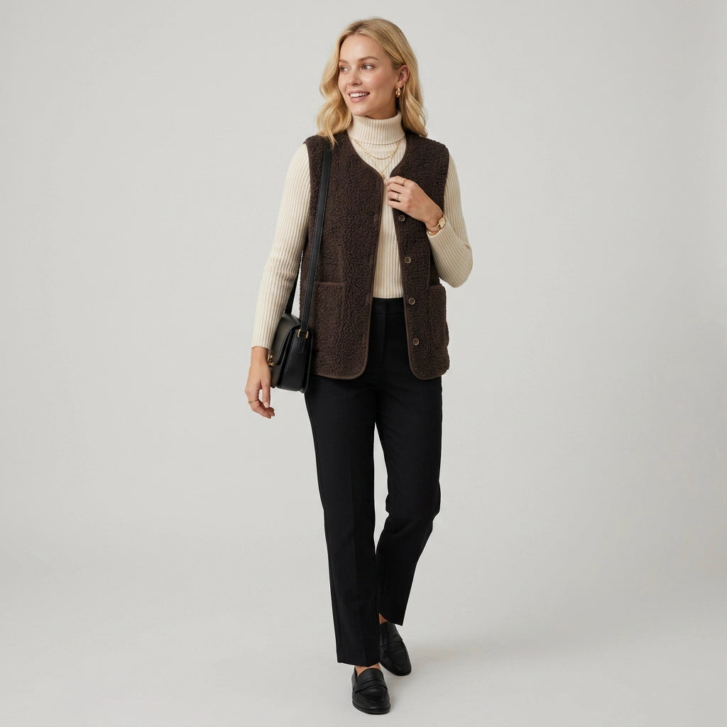 Plush Sherpa Vest with Button Front Brown 4