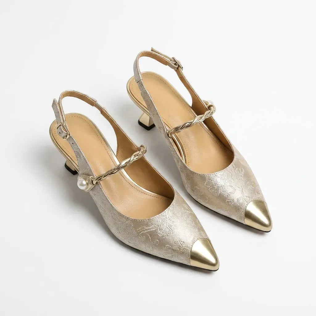 Pointed Toe Kitten Heels with Pearl Detail Beige 1