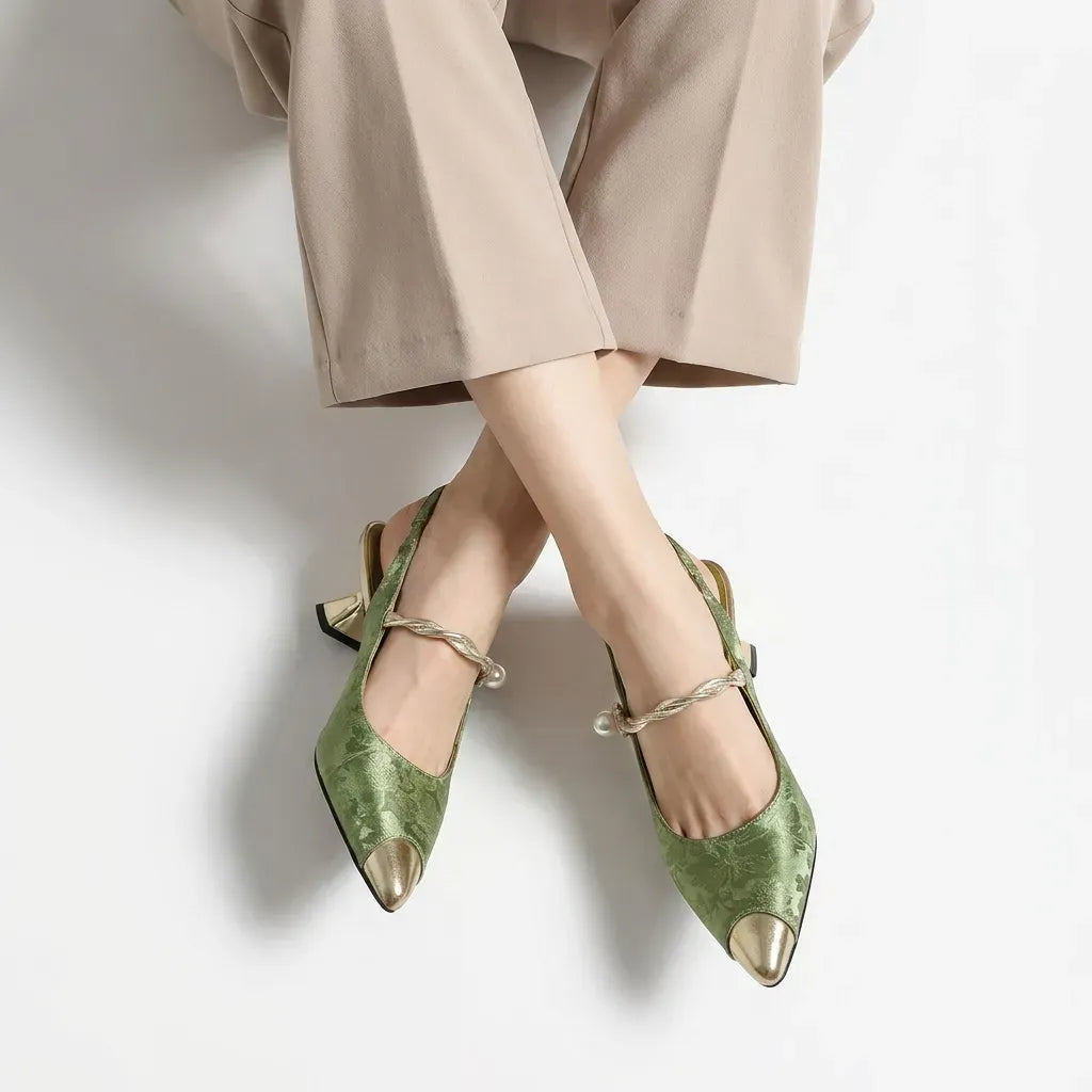Pointed Toe Kitten Heels with Pearl Detail Green 3