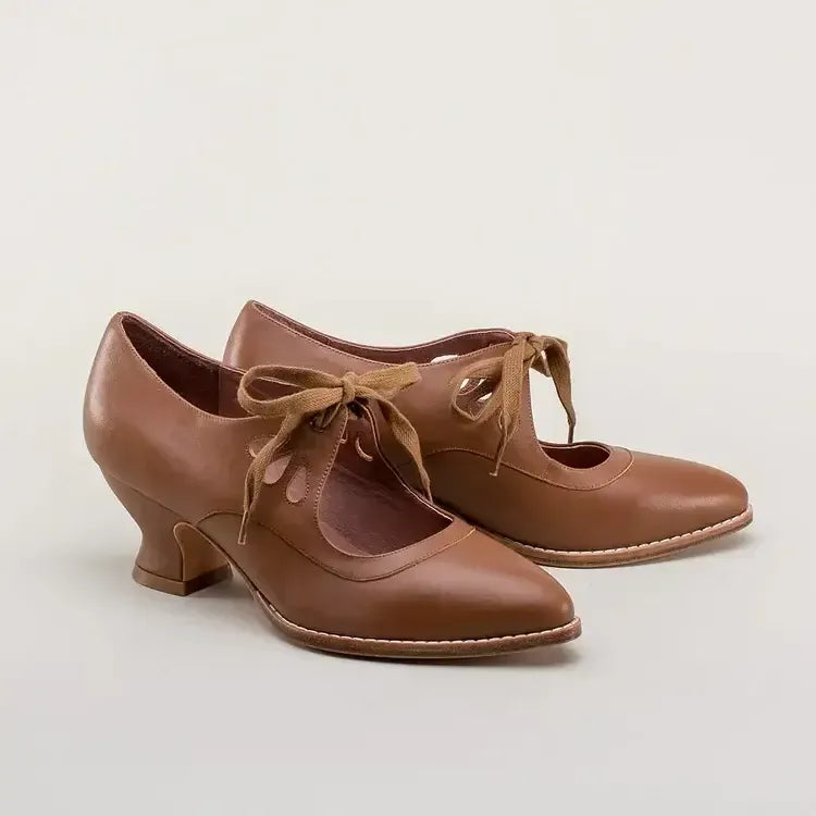 Pointed Toe Leather Mary Jane Shoes Brown 9