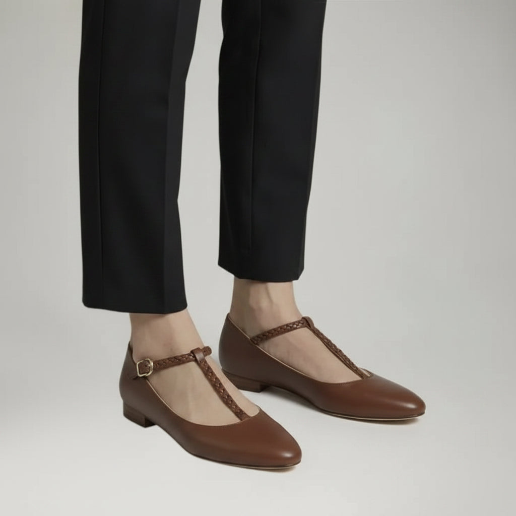 Pointed Toe Mary Jane Flats Brown 6